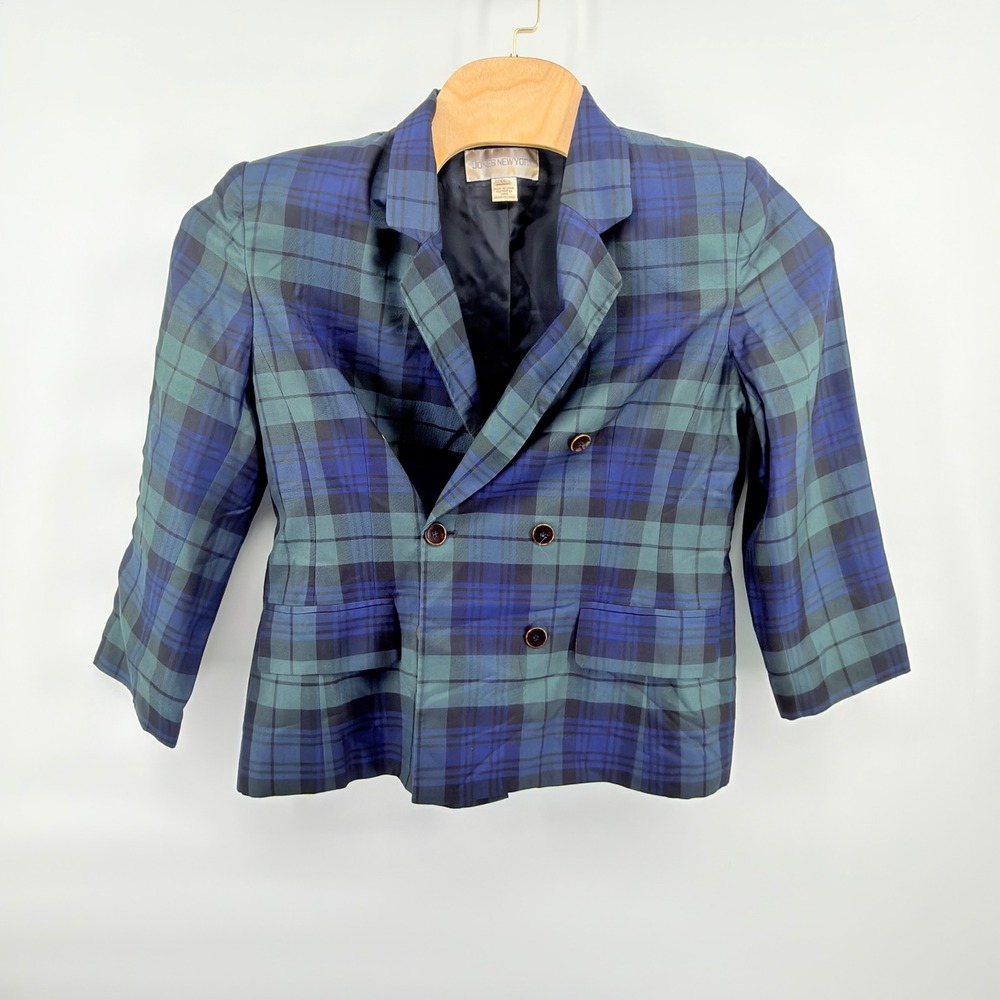 Vintage Jones New York 100% Silk Plaid Blazer Skirt Suit Set Womens 14 Dark Acad